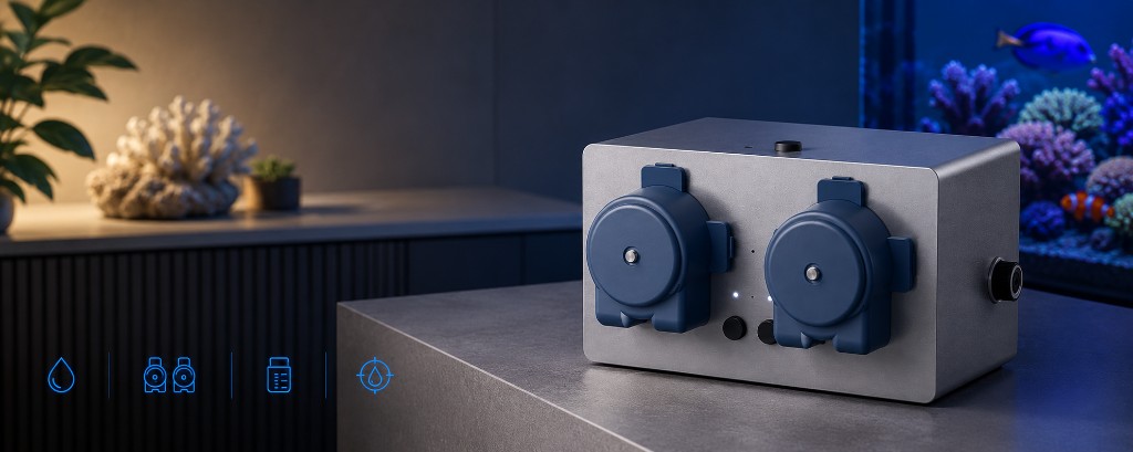 Nereus dual-head doser beside a reef aquarium